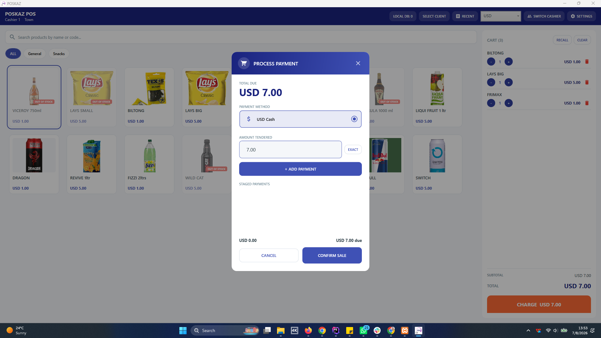 POSKAZ Windows POS payment screen